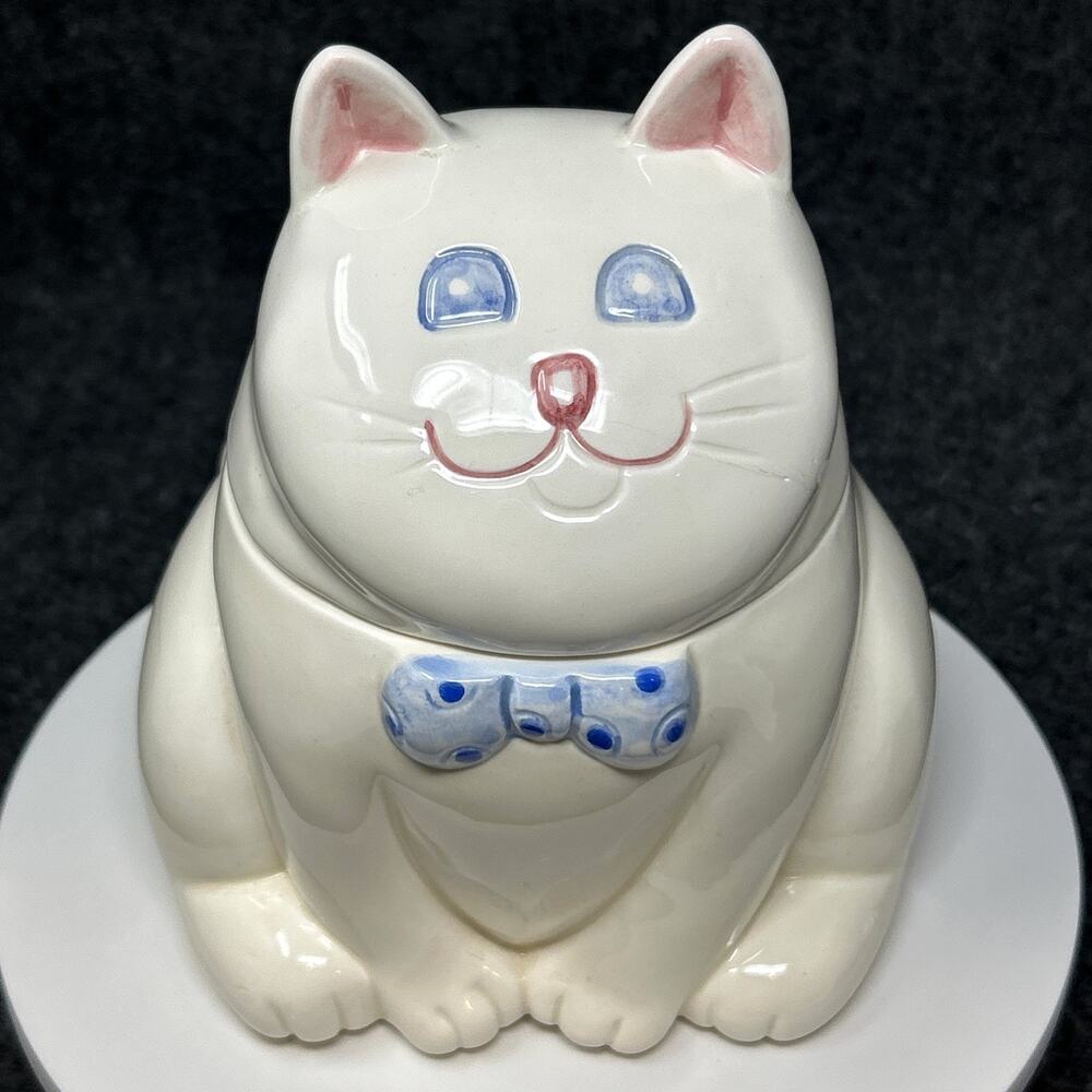 VTG 1984 Fitz & Floyd Omnibus Cat Cookie Jar Cat Shape Treat Jar Kitsch READ